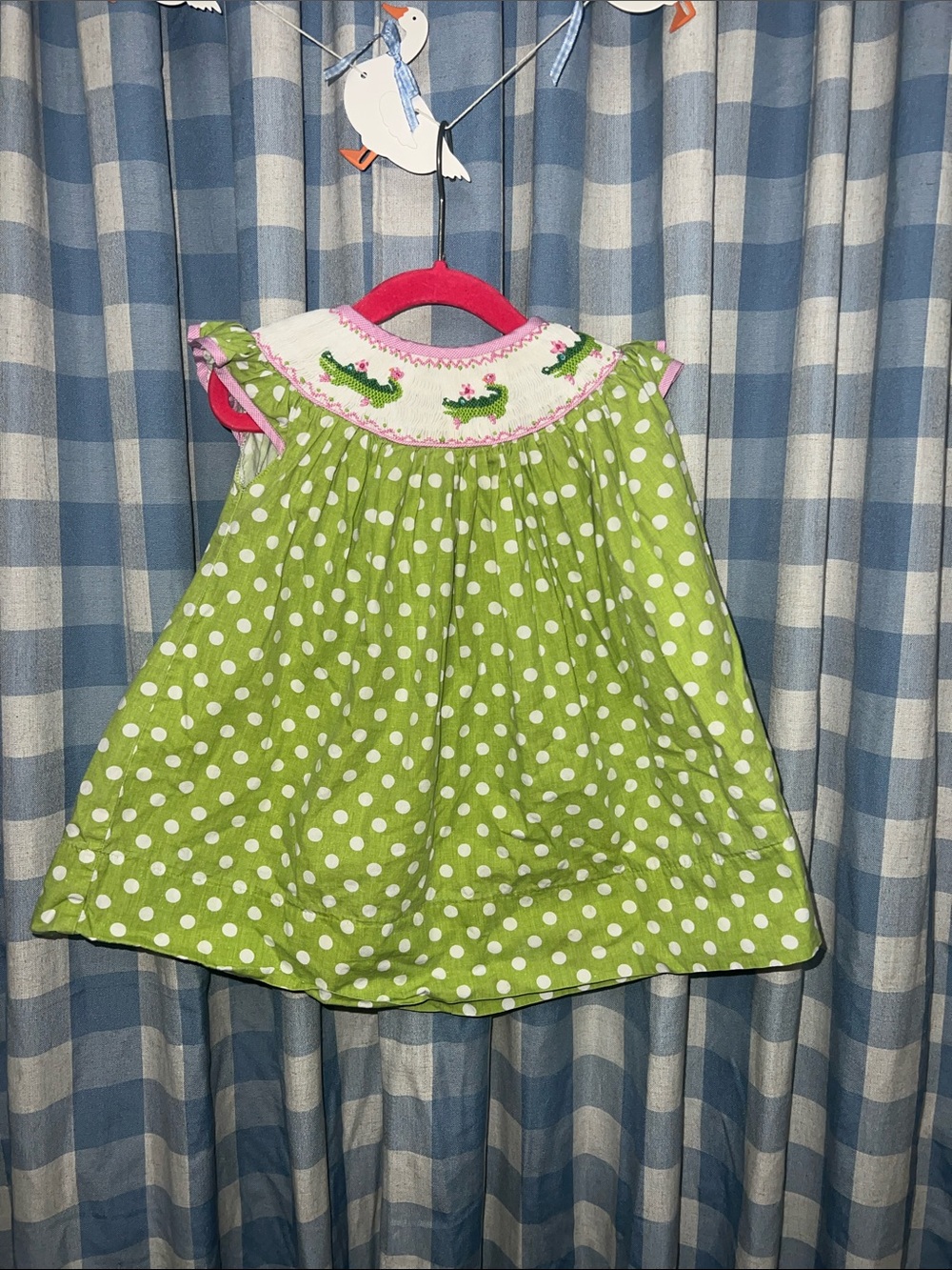 Surcie Hand Smocked Alligator Polka Dot Dress Green Pink 12M